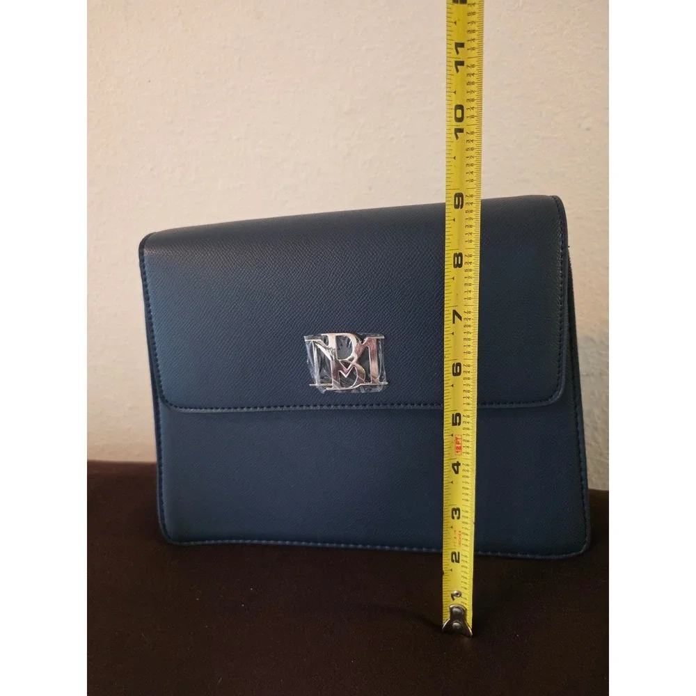 Badgley Mischka Navy Blue Saffiano Crossbody Bag Silver Chain Strap BM Logo NEW